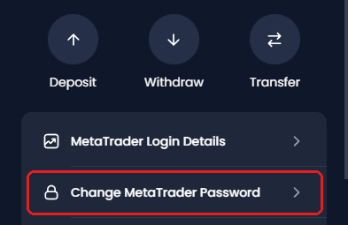 XM Manage panel of a trading account with Change MetaTrader Password framed in red