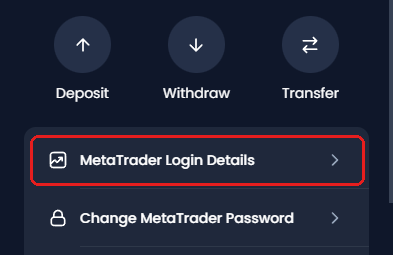 XM Manage panel of a trading account with MetaTrader Login Details framed in red