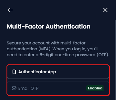 XM Multi-Factor Authentication settings with two methods, Authenticator App and Email OTP, framed in red