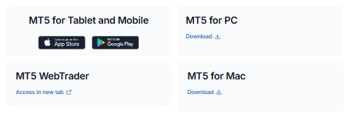การ์ดดาวน์โหลด 4 ใบในหน้า MT5 ของ XM: MT5 for Tablet and Mobile (App Store และ Google Play), MT5 for PC, MT5 WebTrader และ MT5 for Mac