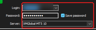 หน้าต่าง Login ของ XM Global MT5 กรอบสีแดงคือช่อง Login, Password และ Server (XMGlobal-MT5 10) ซ่อนเลขล็อกอินไว้