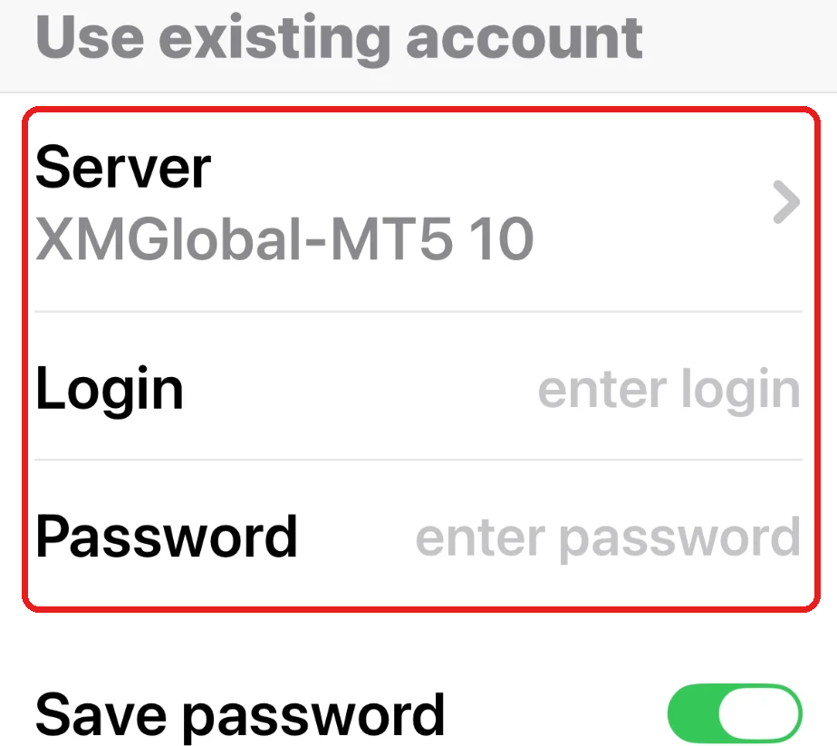 MT5 app Use existing account screen with the Server, Login and Password rows framed in red