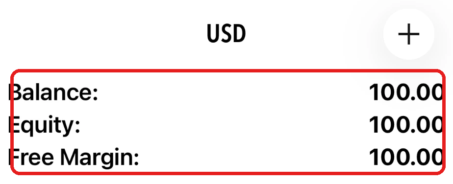 แท็บ Trade ในแอป MT5 แสดงยอดเงิน Demo 100.00 USD กรอบสีแดง