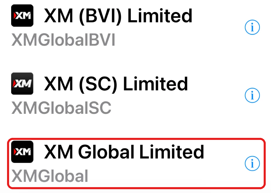รายชื่อโบรกเกอร์ในแอป MT5 มี XM (BVI) Limited, XM (SC) Limited และ XM Global Limited โดยกรอบสีแดงคือ XM Global Limited