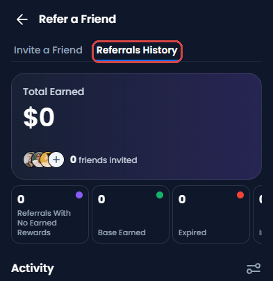 XM Referrals History tab framed in red: Total Earned, friends invited, Base Earned and Expired