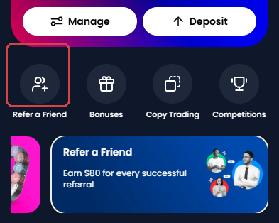 XM Members Area on a phone: Home, with Refer a Friend framed in red in the row under the trading account card