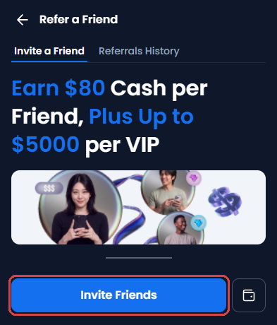 XM Refer a Friend panel on the Invite a Friend tab: Earn $80 Cash per Friend, Plus Up to $5000 per VIP, and the Invite Friends button at the bottom framed in red
