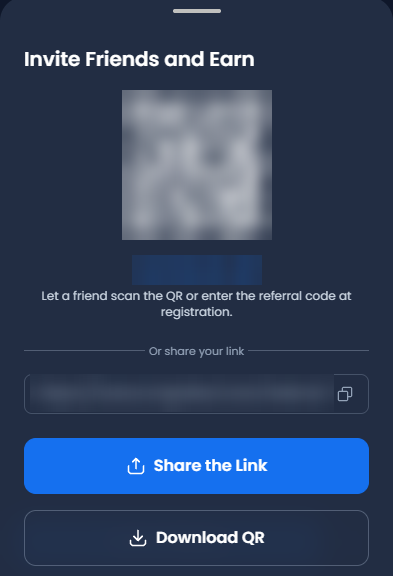 XM Invite Friends and Earn: the QR code, the referral code and the link (hidden here), with the Share the Link and Download QR buttons