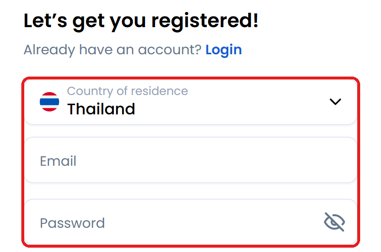 แบบฟอร์มสมัคร XM โดยกรอบสีแดงแสดงช่อง Country of residence, Email และ Password