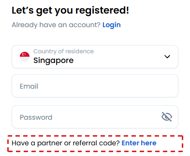XM registration form with the Enter here link next to Have a partner or referral code? framed in red