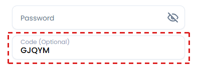 Code (Optional) field on the XM registration form showing GJQYM