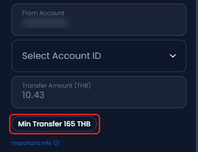 หน้าจอภาษาอังกฤษ: แบบฟอร์ม Internal Transfer ของ XM ช่อง From Account, Select Account ID และช่องจำนวนเงิน กรอบสีแดงที่ยอดขั้นต่ำใต้ช่องจำนวน