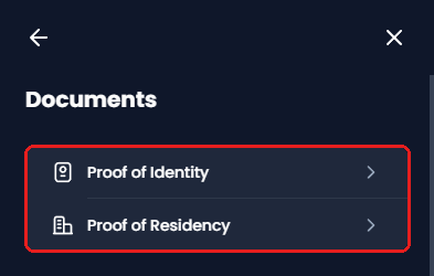 XM Members Area Documents screen with two items, Proof of Identity and Proof of Residency, framed in red