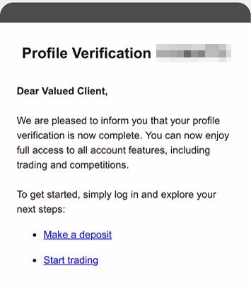 XM email Profile Verification saying that the profile verification is complete