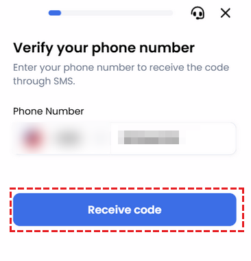 XM screen Verify your phone number with the Receive code button framed in red