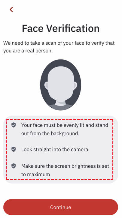 XM Face Verification screen with tips for the selfie