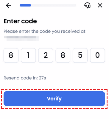 XM screen Enter code with six code boxes and the Verify button framed in red