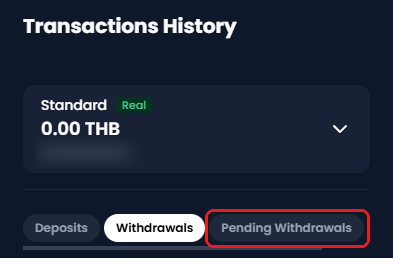 หน้าจอ Transactions History ของ XM กรอบสีแดงที่แท็บ Pending Withdrawals ข้าง Deposits และ Withdrawals