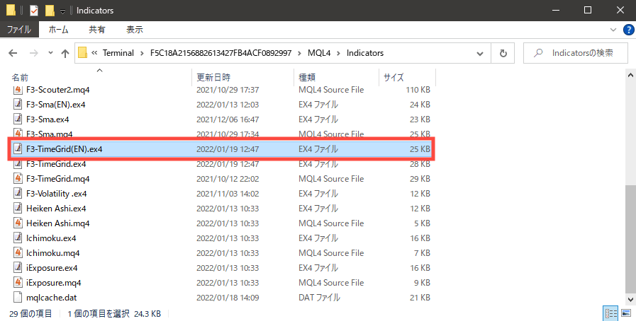 ย้ายไฟล์ "F3-TimeGrid(EN)" ไฟล์แรกที่ดาวน์โหลดไปยังโฟลเดอร์ "Indicators"