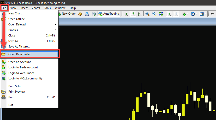 "Open Data Folder" จาก "File" ที่เมนูด้านบนของ MT4