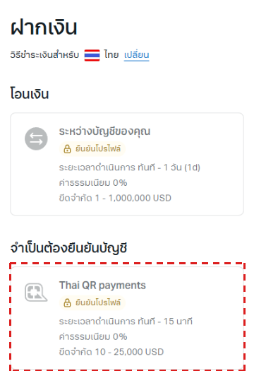 หน้า ฝากเงิน ของ Exness สำหรับไทย (ภาษาไทย) กรอบสีแดงที่ Thai QR payments ค่าธรรมเนียม 0%