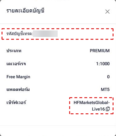 หน้าต่าง รายละเอียดบัญชี ของ HFM (ภาษาไทย): รหัสบัญชีเทรด ประเภท PREMIUM เลเวอร์เรจ 1:1000 แพลตฟอร์ม MT5 และ เซิร์ฟเวอร์ HFMarketsGlobal-Live16 พร้อมไอคอนคัดลอก รหัสบัญชีและเซิร์ฟเวอร์อยู่ในกรอบสีแดง