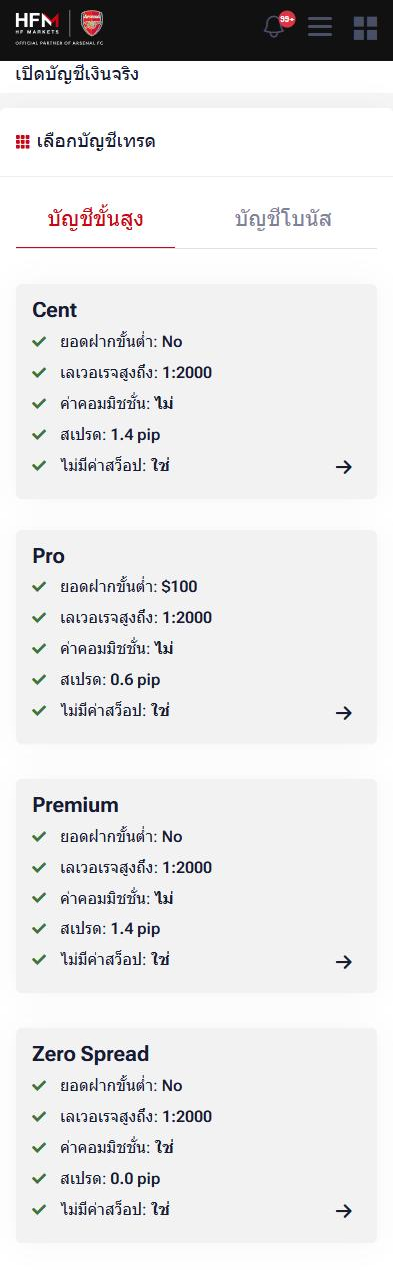 หน้า เปิดบัญชีเงินจริง ของ myHF บนมือถือ (ภาษาไทย): การ์ด Cent, Pro, Premium และ Zero Spread พร้อมยอดฝากขั้นต่ำ เลเวอเรจ ค่าคอมมิชชั่น สเปรด และไม่มีค่าสว็อป