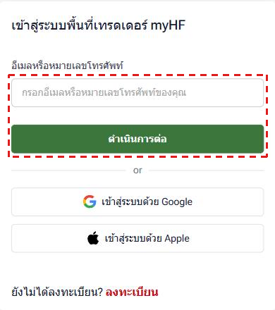 หน้าเข้าสู่ระบบของ HFM บนมือถือ (ภาษาไทย): เข้าสู่ระบบพื้นที่เทรดเดอร์ myHF ช่อง อีเมลหรือหมายเลขโทรศัพท์ และปุ่มสีเขียว ดำเนินการต่อ ในกรอบสีแดง ตามด้วย เข้าสู่ระบบด้วย Google เข้าสู่ระบบด้วย Apple และ ลงทะเบียน