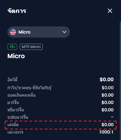 หน้า จัดการ ของบัญชีเทรด XM ภาษาไทย พร้อมบรรทัด เครดิต ในกรอบสีแดง