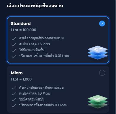 หน้าจอ เลือกประเภทบัญชีของท่าน ของ XM แสดงบัญชี Standard และ Micro ขนาดล็อต และปริมาณการซื้อขายขั้นต่ำ