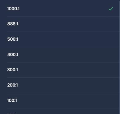 รายการ เลเวอเรจ ของ XM (ภาษาไทย) เริ่มจาก 1000:1 ลงไป โดย 1000:1 มีเครื่องหมายถูก