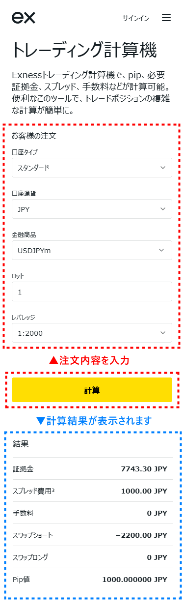 Exness証拠金_トレーディング計算機入力例と計算結果_mb