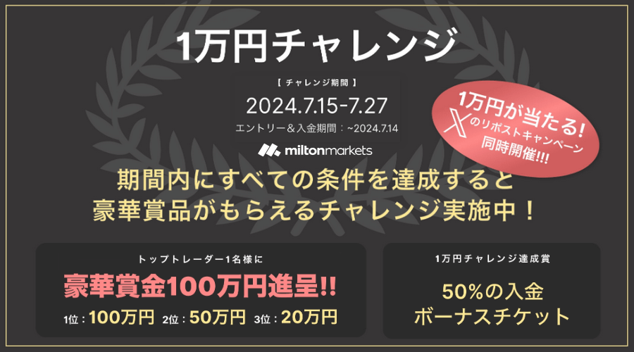 miltonmarkets7月のFX1万円チャレンジ＆Xリポストキャンペーン！