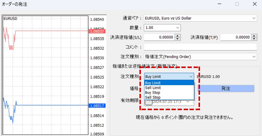 xm　mt4使い方　指値(逆指値)注文方法PC版