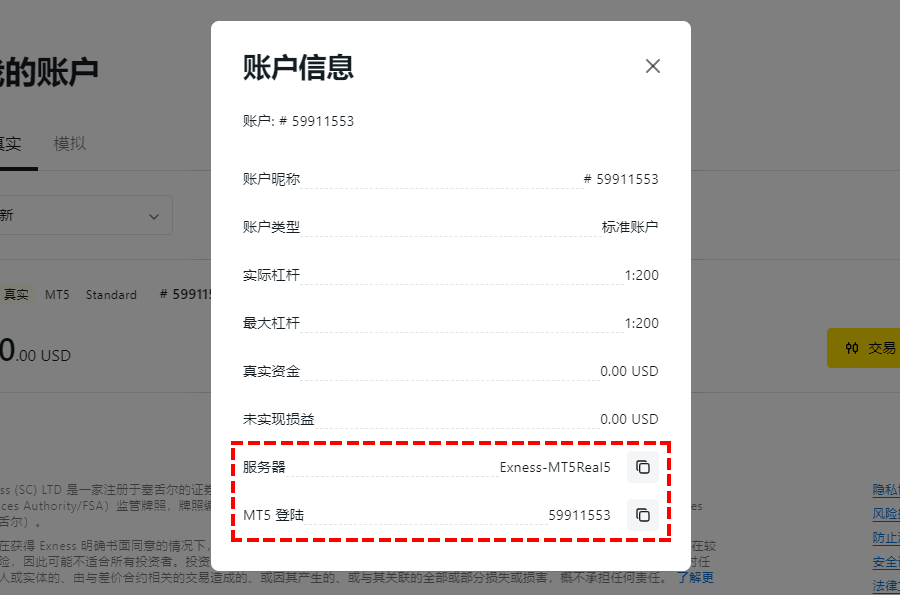 Exness_顯示帳戶信息_電腦版