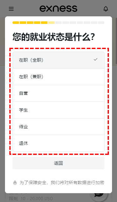 Exness_開戶_問卷調查_工作狀態_手機版